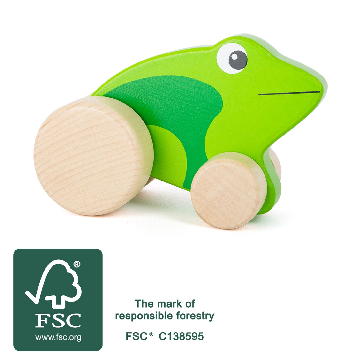 Dieser farbenfrohe Frosch aus nachhaltigem FSC® 100%-zertifiziertem Holz bewegt sich beim Anschieben durch die beiden Hinterräder auf und nieder. Das sieht nicht nur lustig aus, sondern motiviert Deinen kleinen Fux auch zum Anschieben und fördert so dessen Motorik beim Krabbeln. Der beste Freund des Fuxes.